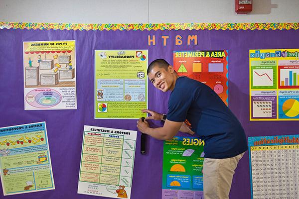 Man leans over a poster and staples it to a wall in a classroom